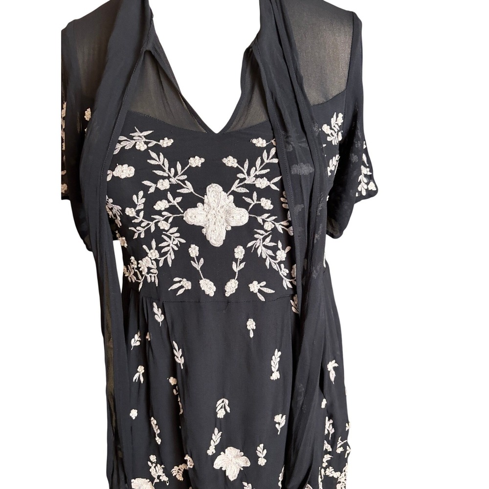 French Connection Dress S Black Dark Romance Coquette Embroidered Tie Neck Mesh - Picture 5 of 8